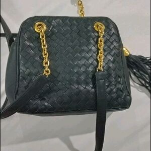 Black and Gold Woven Shoulder Bag with Chain Details